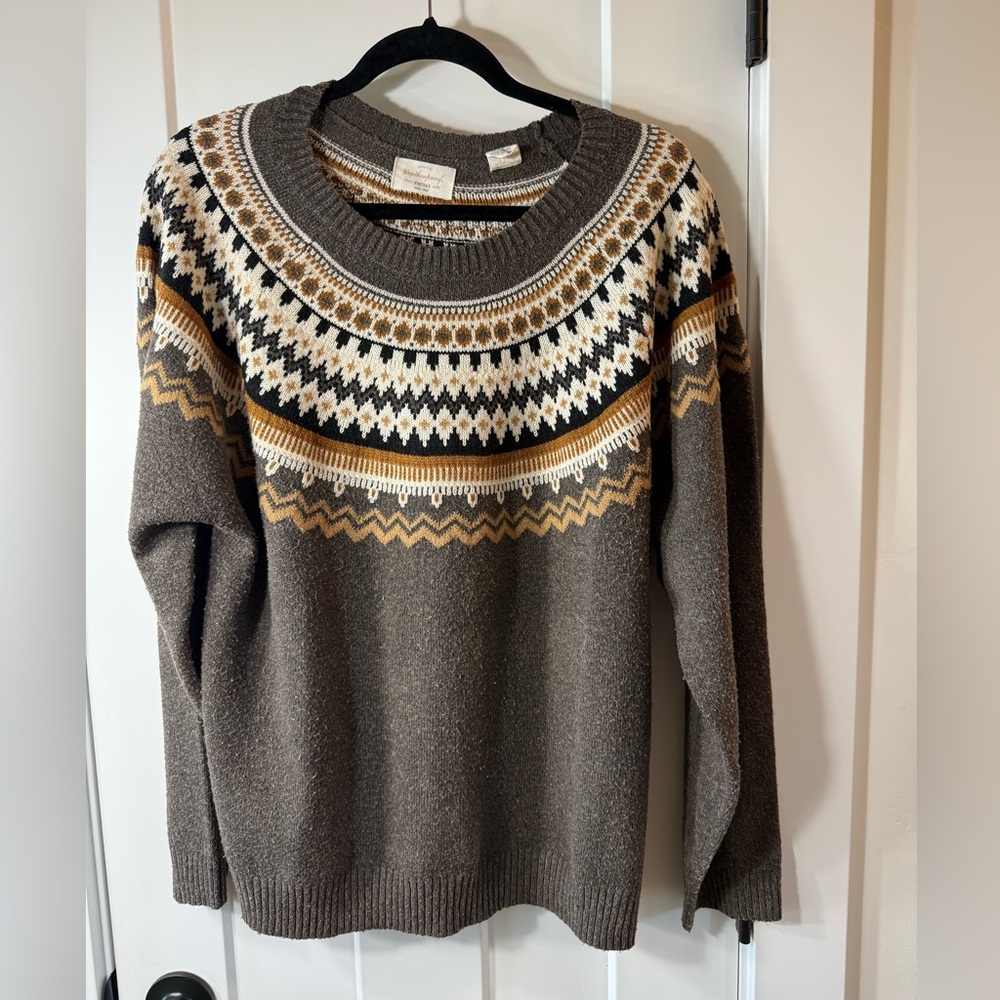Weatherproof Women’s Brown and Cream Patterned Crewneck Sweater
